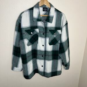 HFX Green White Plaid Womens Shirt Jacket Snap Button Large